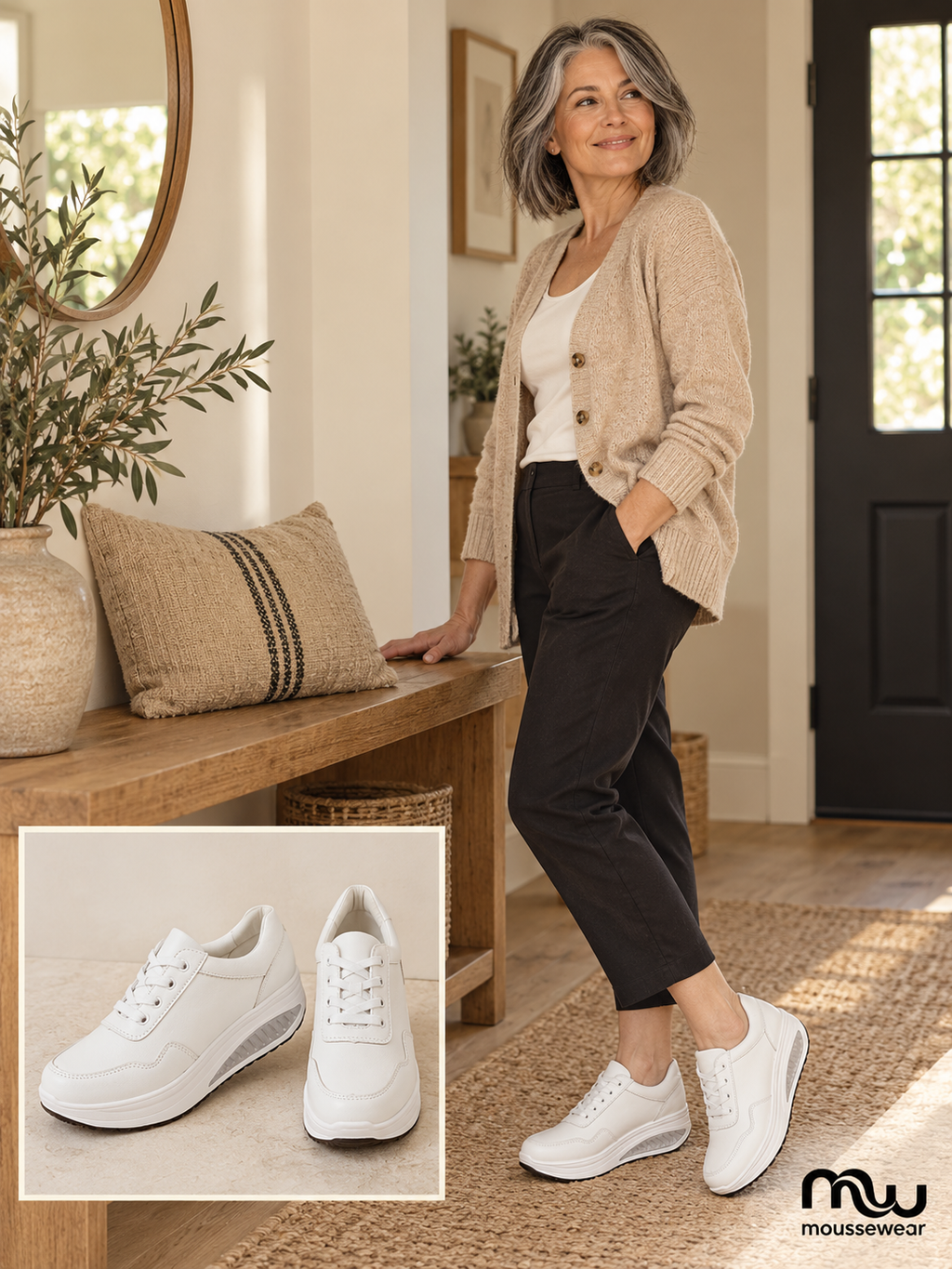 Female model wearing Everyday Lift Platform Trainers, with shoe close-up and Moussewear logo