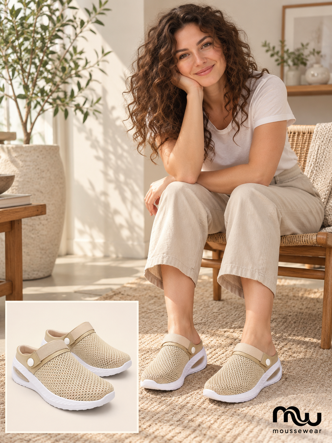 Female model wearing Slow Morning Knit Clogs, with shoe close-up and Moussewear logo