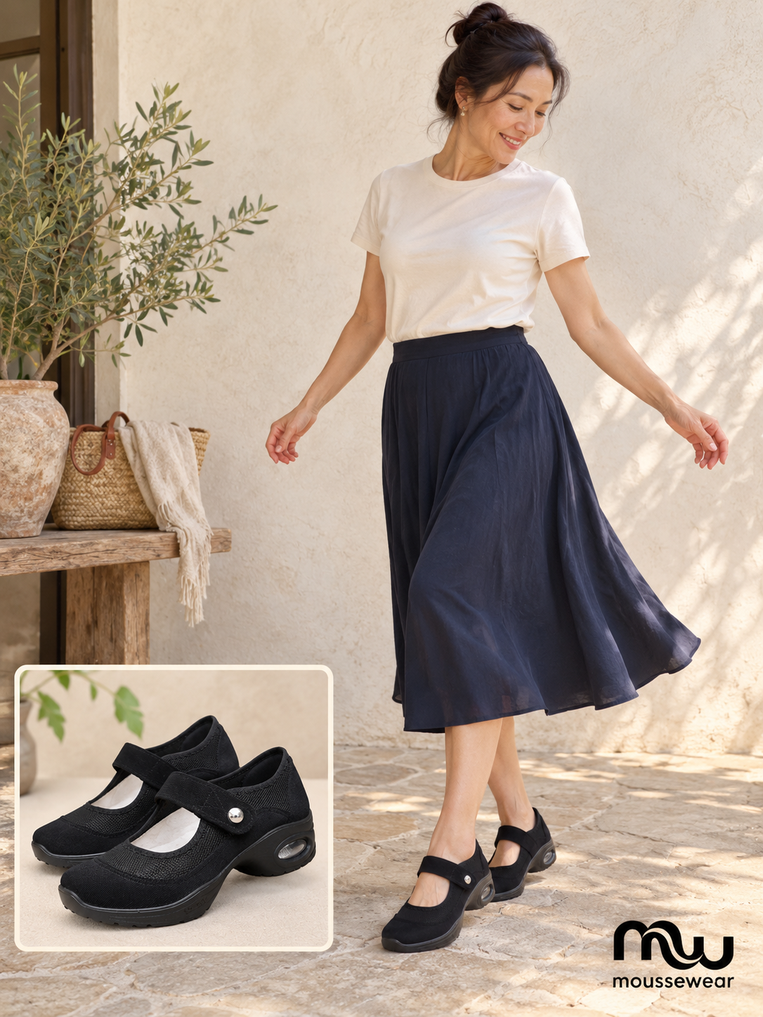 Female model wearing Moving Grace Mesh Mary Janes, with shoe close-up and Moussewear logo