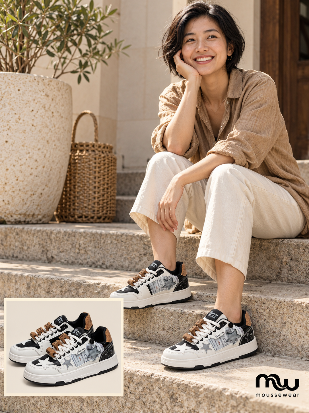 Female model wearing Star of the Street Platform Trainers, with shoe close-up and Moussewear logo