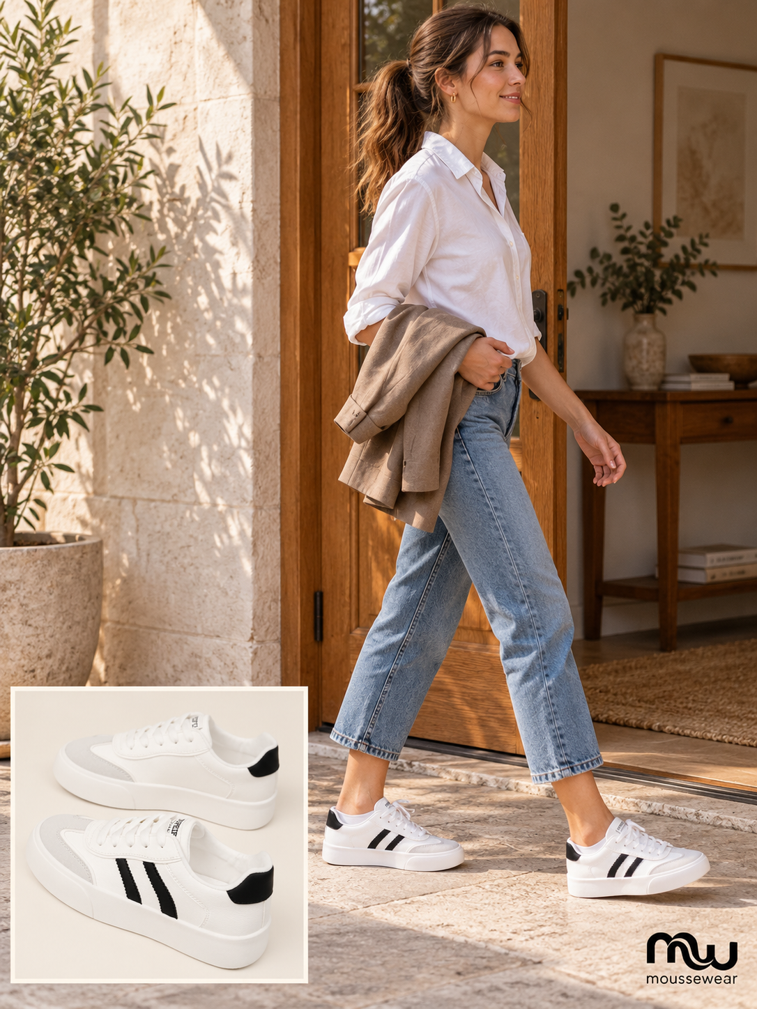 Female model wearing Double Take Stripe Trainers, with shoe close-up and Moussewear logo