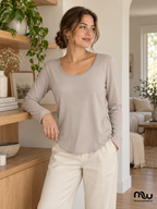 Female model wearing Soft Contour Scoop-Neck Long-Sleeve Top, with Moussewear logo