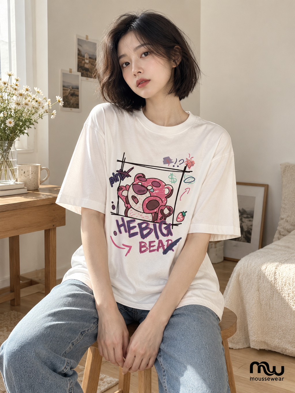 Female model wearing Playful Mood Graphic Tee, with Moussewear logo