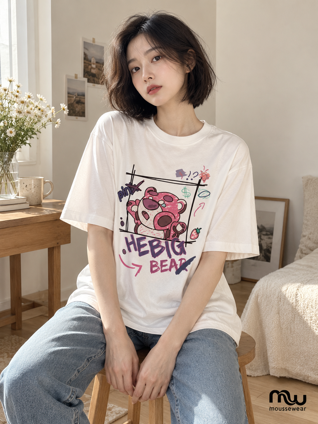 Female model wearing Playful Mood Graphic Tee, with Moussewear logo