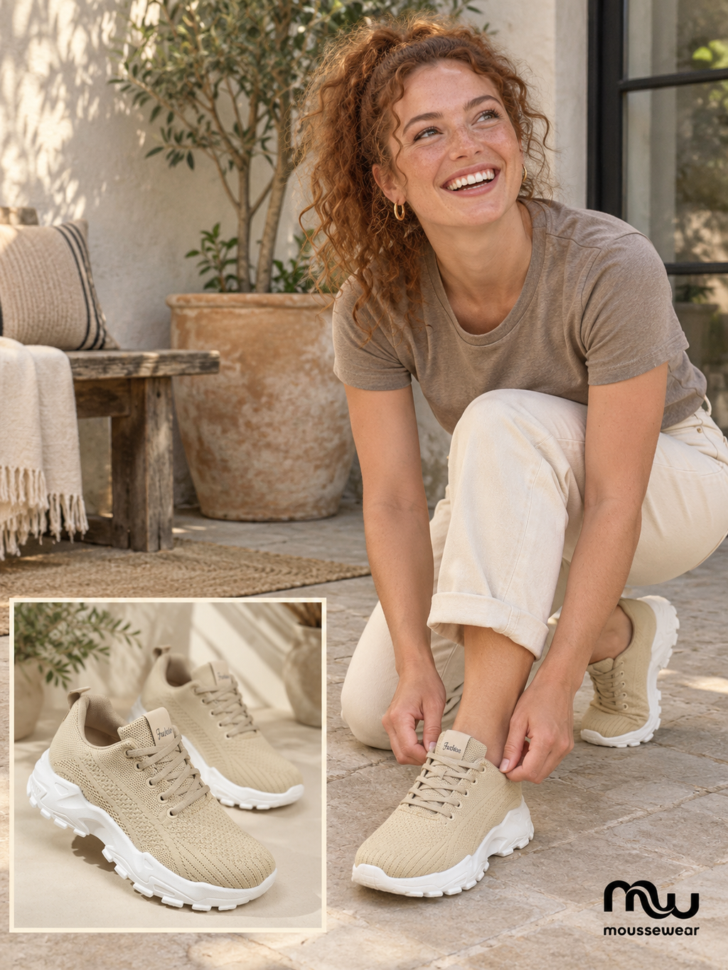 Female model wearing Sandy Trails Knit Trainers, with shoe close-up and Moussewear logo