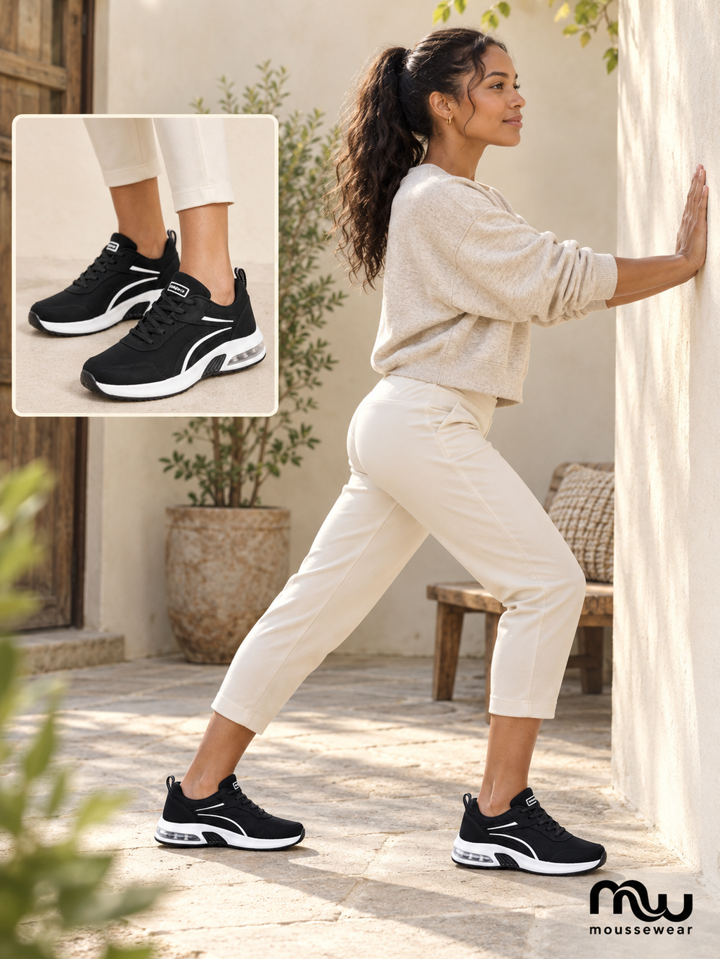 Female model wearing City Pace Air-Cushion Trainers, with shoe close-up and Moussewear logo