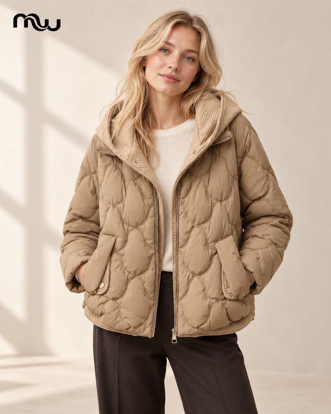 Female model wearing the Rogue Quilted Hooded Jacket