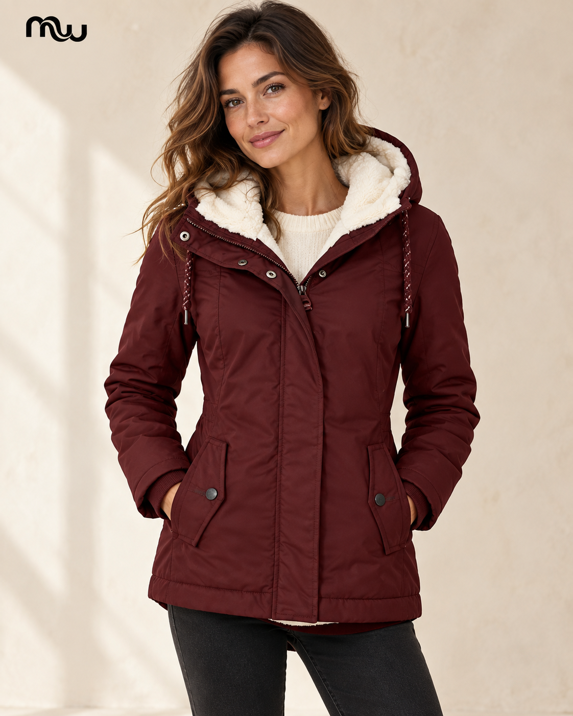 Female model wearing the Teddy Plush-Lined Hooded Jacket