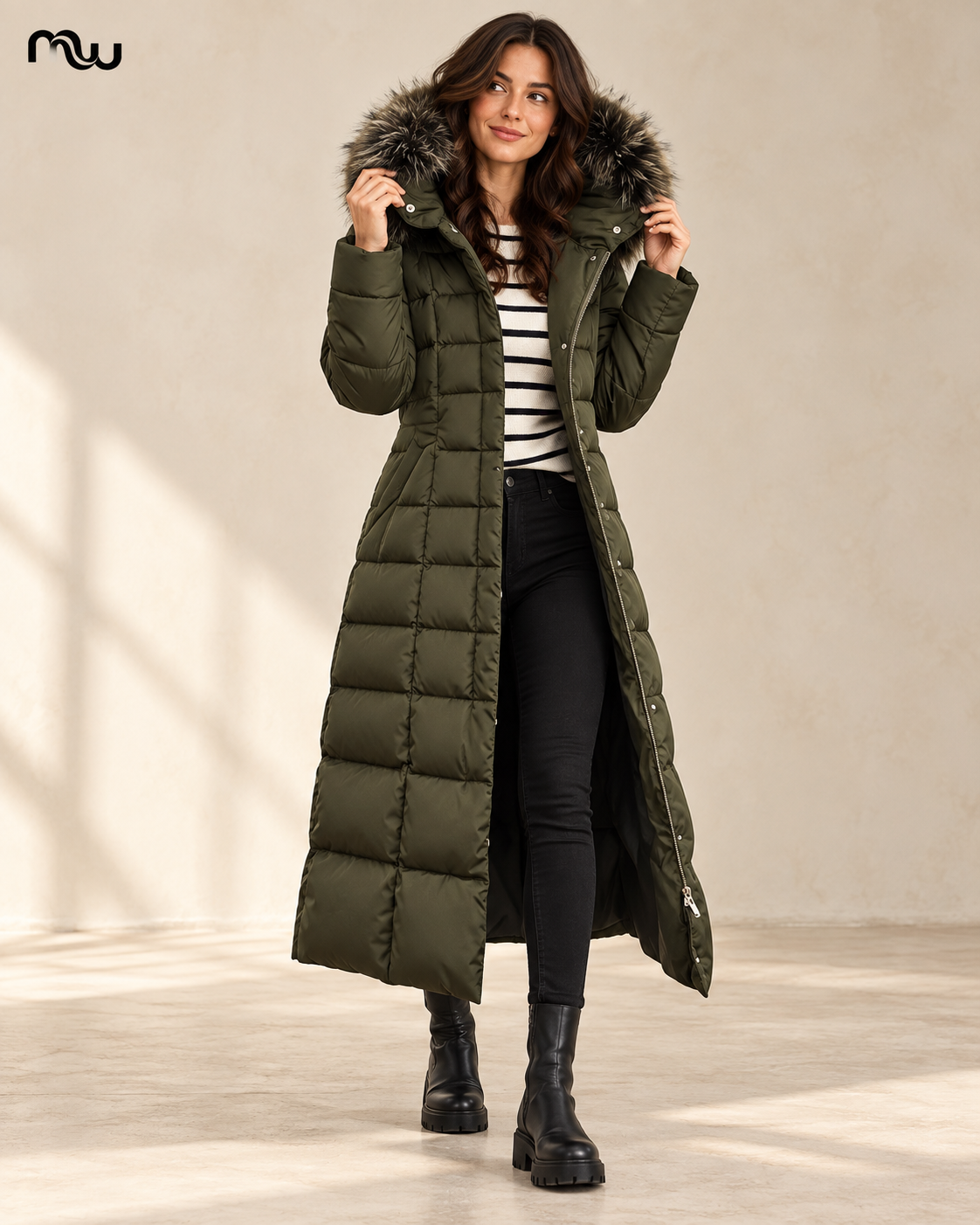 Female model wearing the Glacier Long Quilted Coat