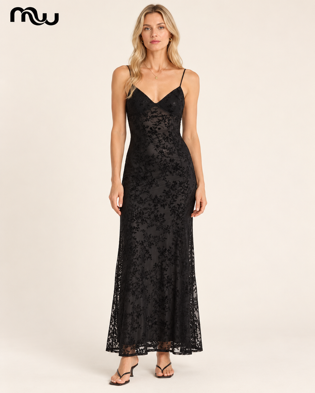 Female model wearing the Now You See Me Sheer Floral Dress, styled with a separate slip not included
