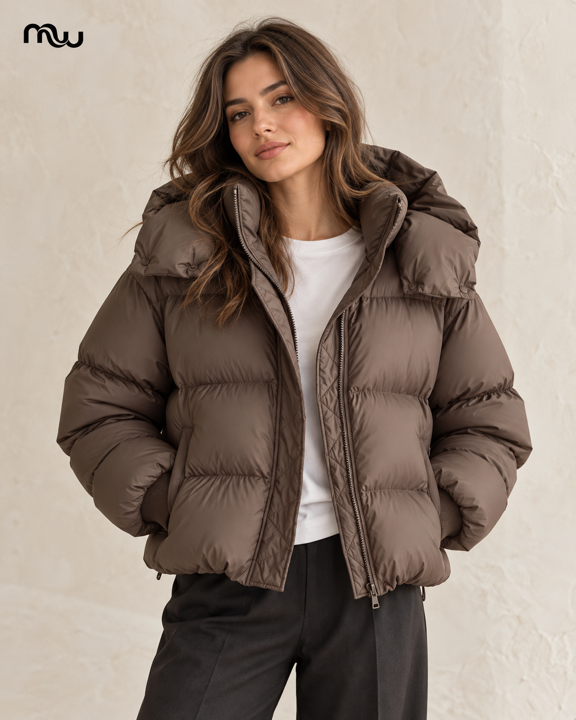 Female model wearing the Arctic Hooded Puffer Jacket