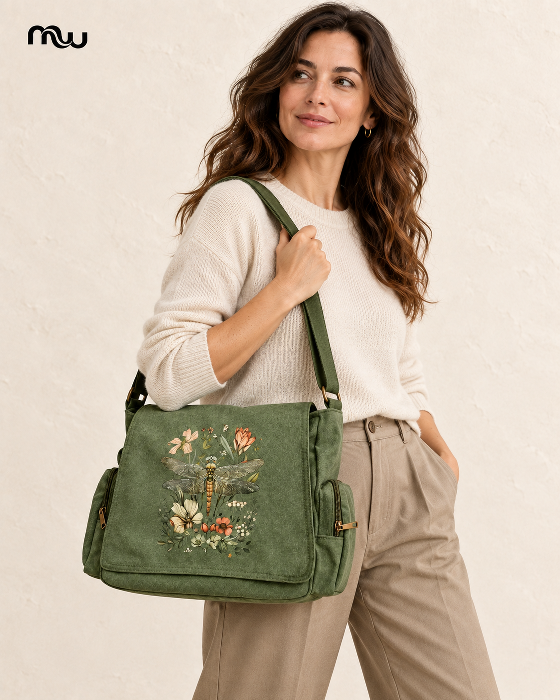 Female model showcasing the Eden Botanical Flap Bag with Moussewear logo
