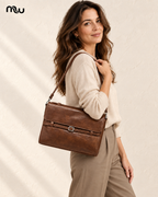 Female model showcasing the Glam Buckle Flap Bag with Moussewear logo