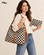 Female model showcasing the Gambit Checkered Bag & Pouch with Moussewear logo