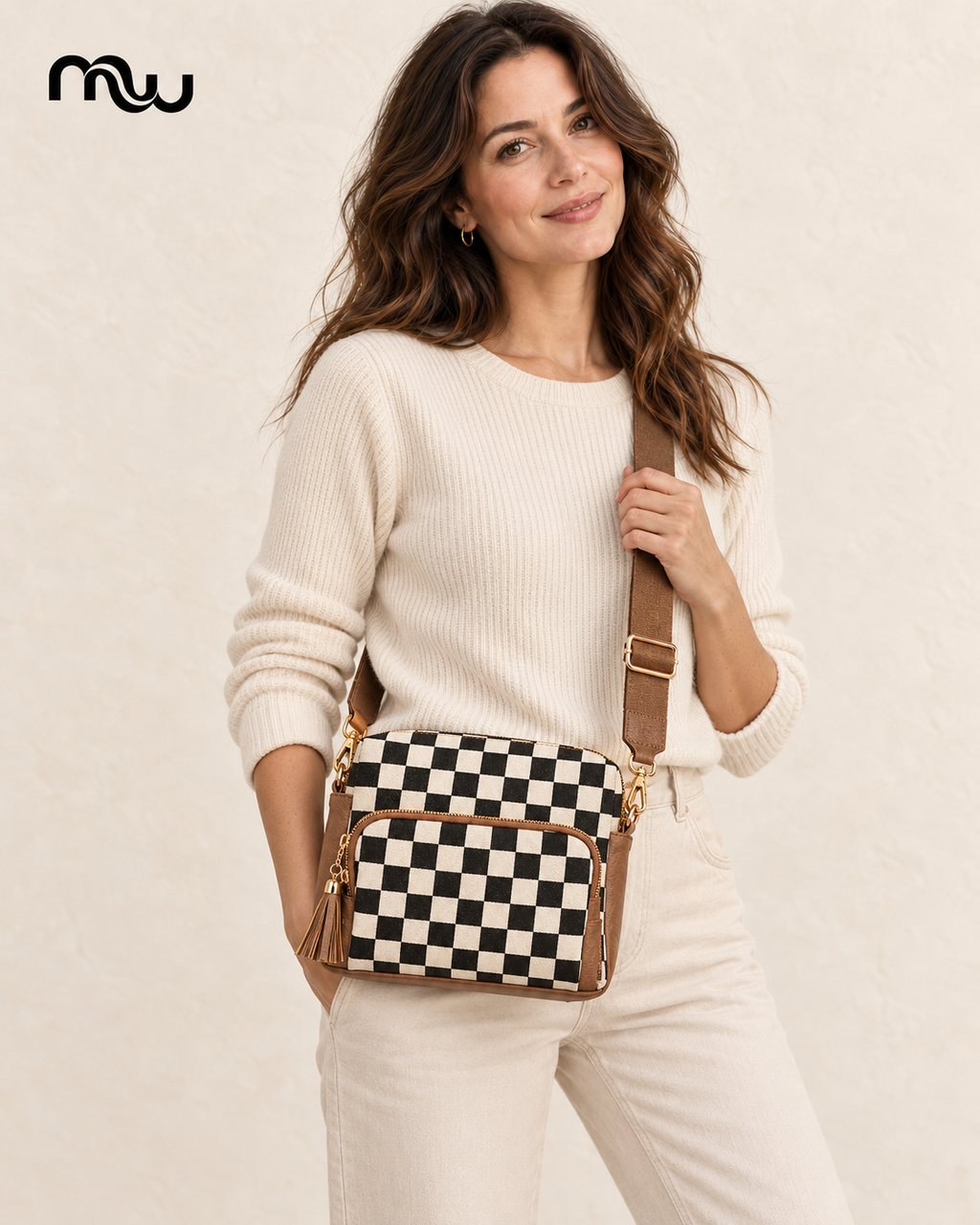Female model showcasing the Tartan Tassel Crossbody Bag with Moussewear logo