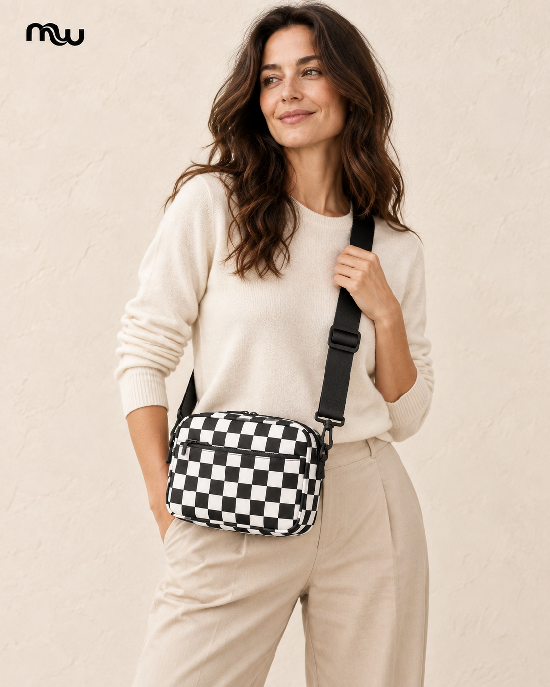 Female model showcasing the Domino Checkered Crossbody Bag with Moussewear logo