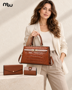 Female model showcasing the Predator Croc-Effect Bag Trio with Moussewear logo
