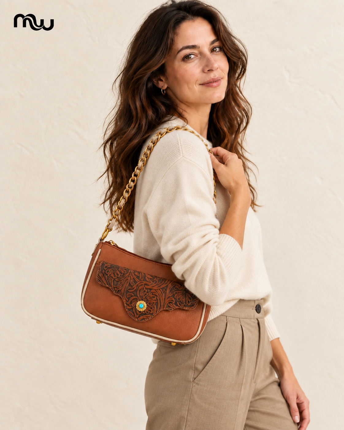 Female model showcasing the Venus Floral Chain Bag with Moussewear logo