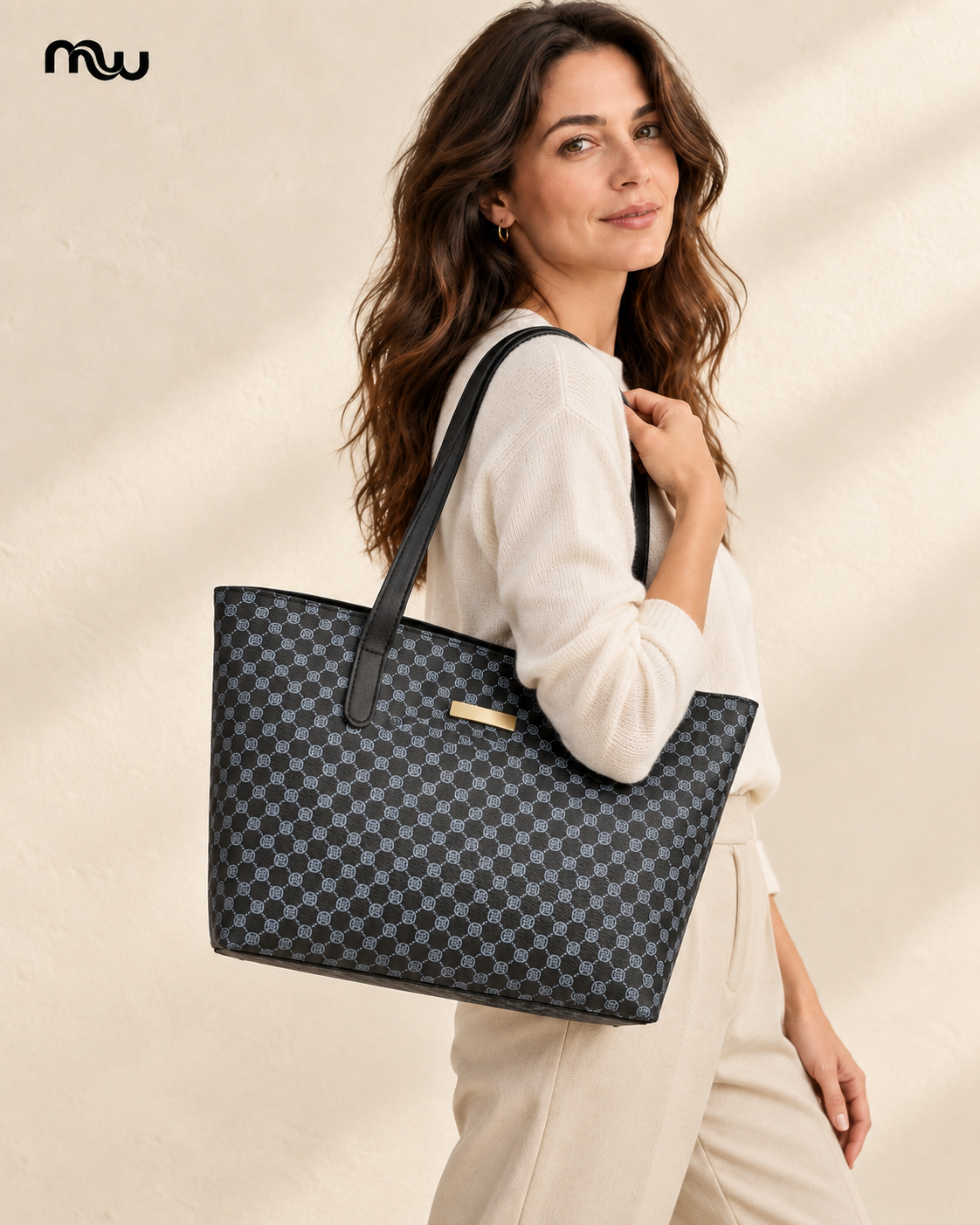 Female model showcasing the Bohemian Patterned Shoulder Tote with Moussewear logo