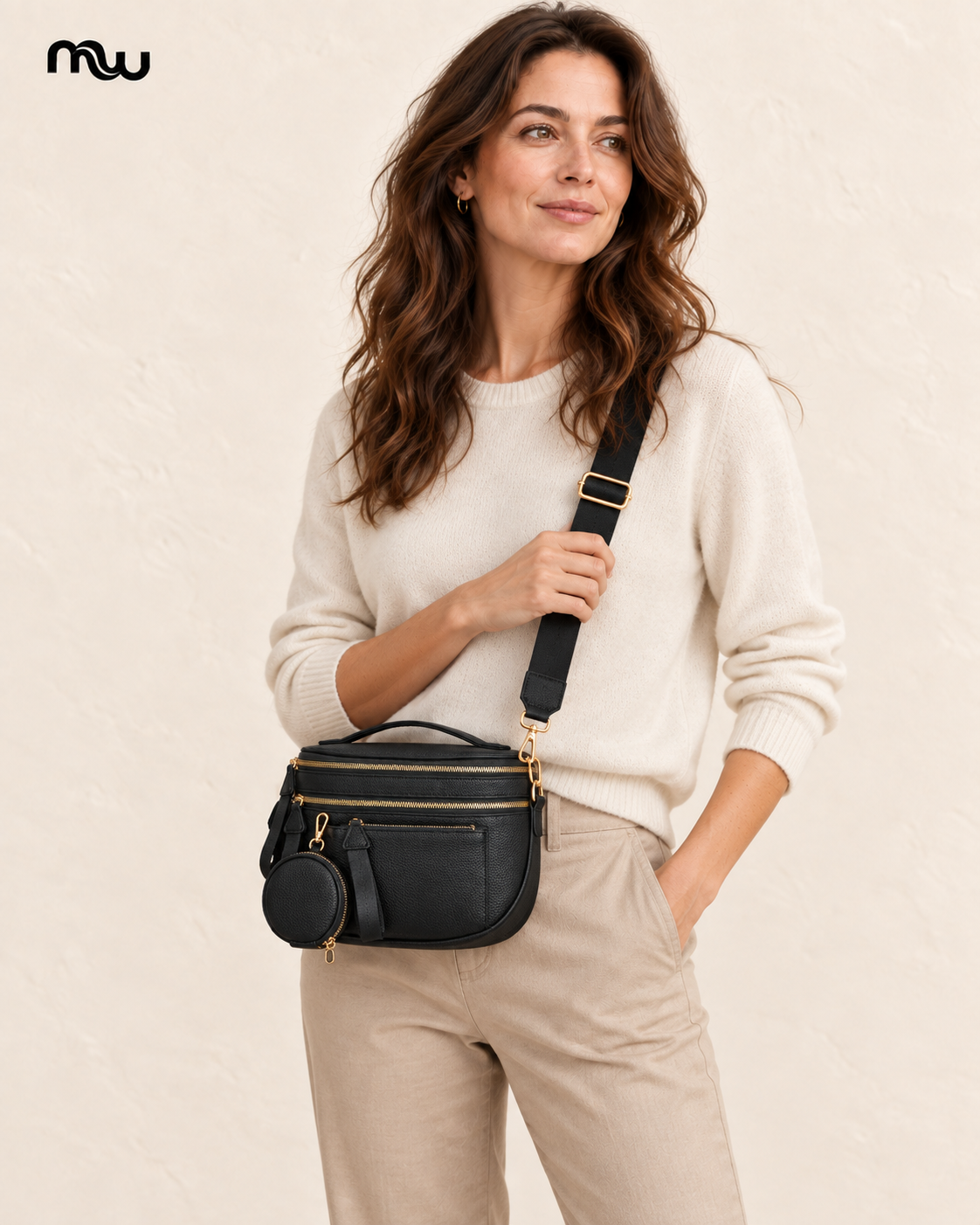 Female model showcasing the Groove Pocket Crossbody Bag with Moussewear logo