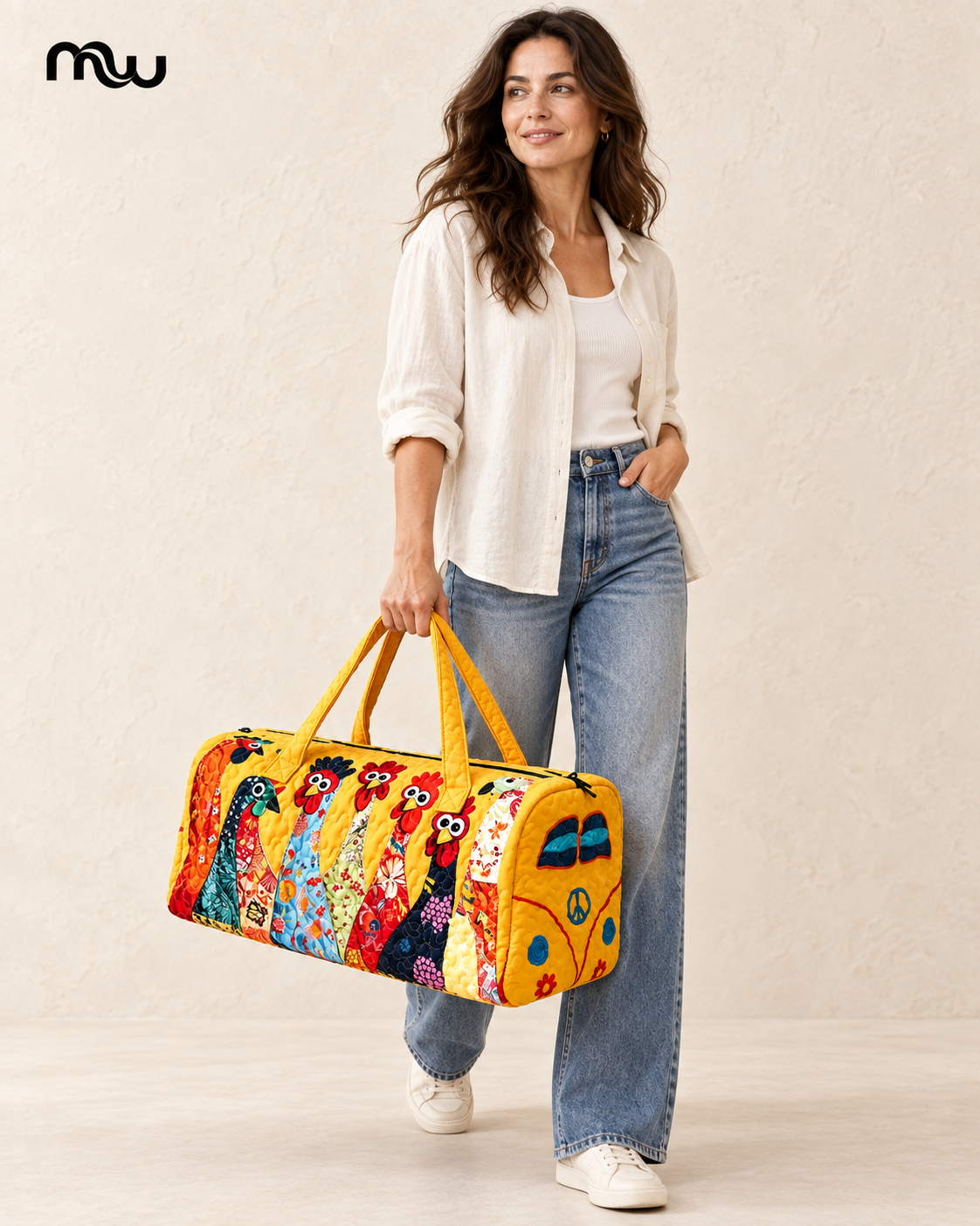 Female model showcasing the Wanderlust Patchwork Weekender with Moussewear logo