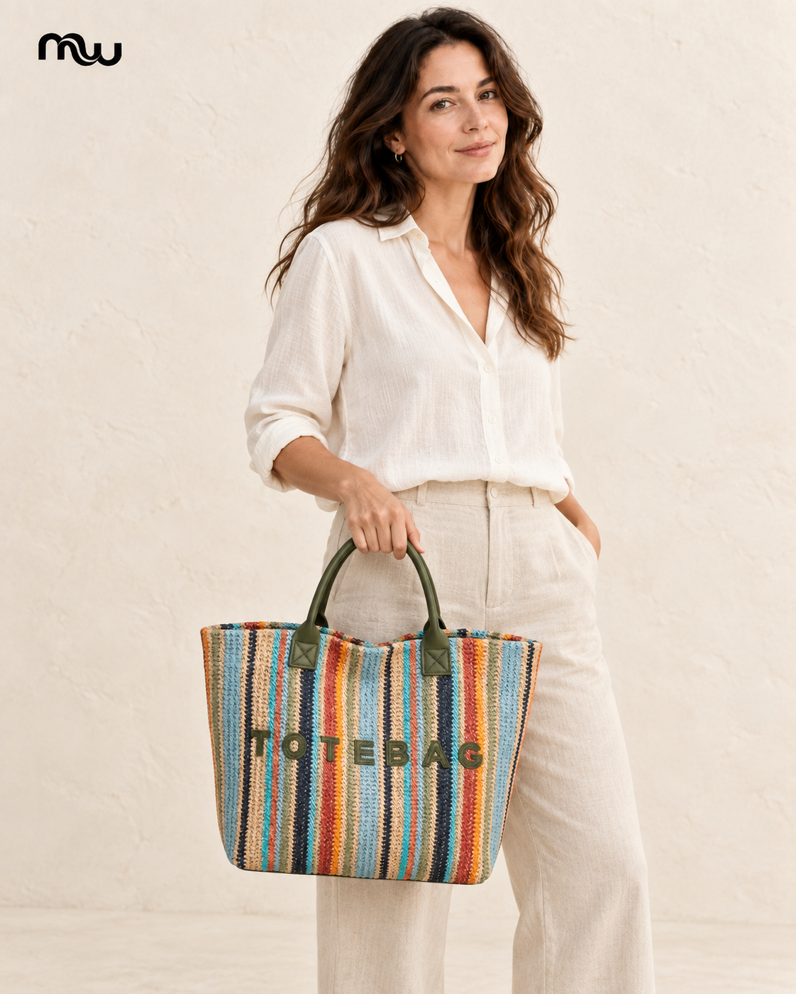 Female model showcasing the Cabana Striped Woven-Look Tote with Moussewear logo