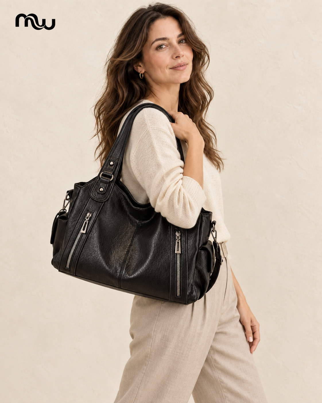 Female model showcasing the Mission Zip Utility Tote with Moussewear logo