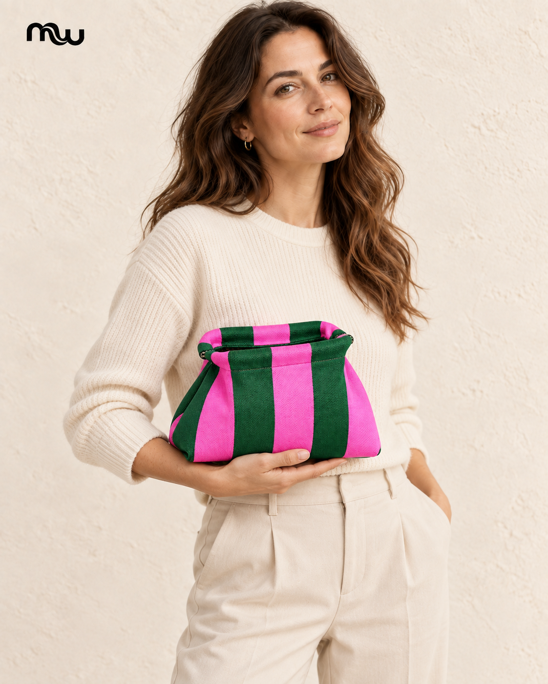 Female model showcasing the Candy Stripe Frame Pouch with Moussewear logo
