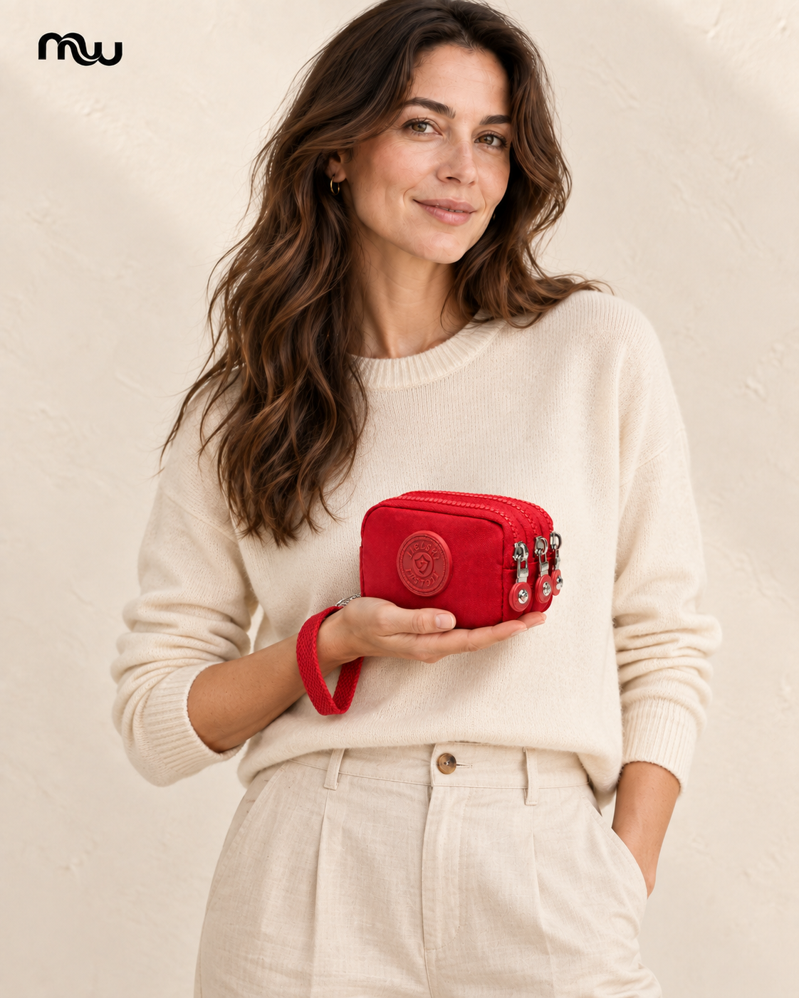 Female model showcasing the Triple Threat Zip Wristlet with Moussewear logo