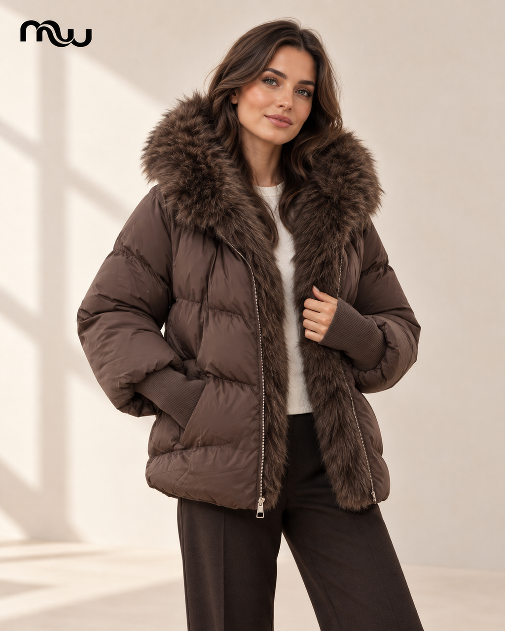 Model wearing the Vixen Faux-Fur Puffer Jacket with Moussewear logo