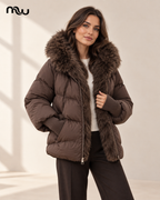 Model wearing the Vixen Faux-Fur Puffer Jacket with Moussewear logo