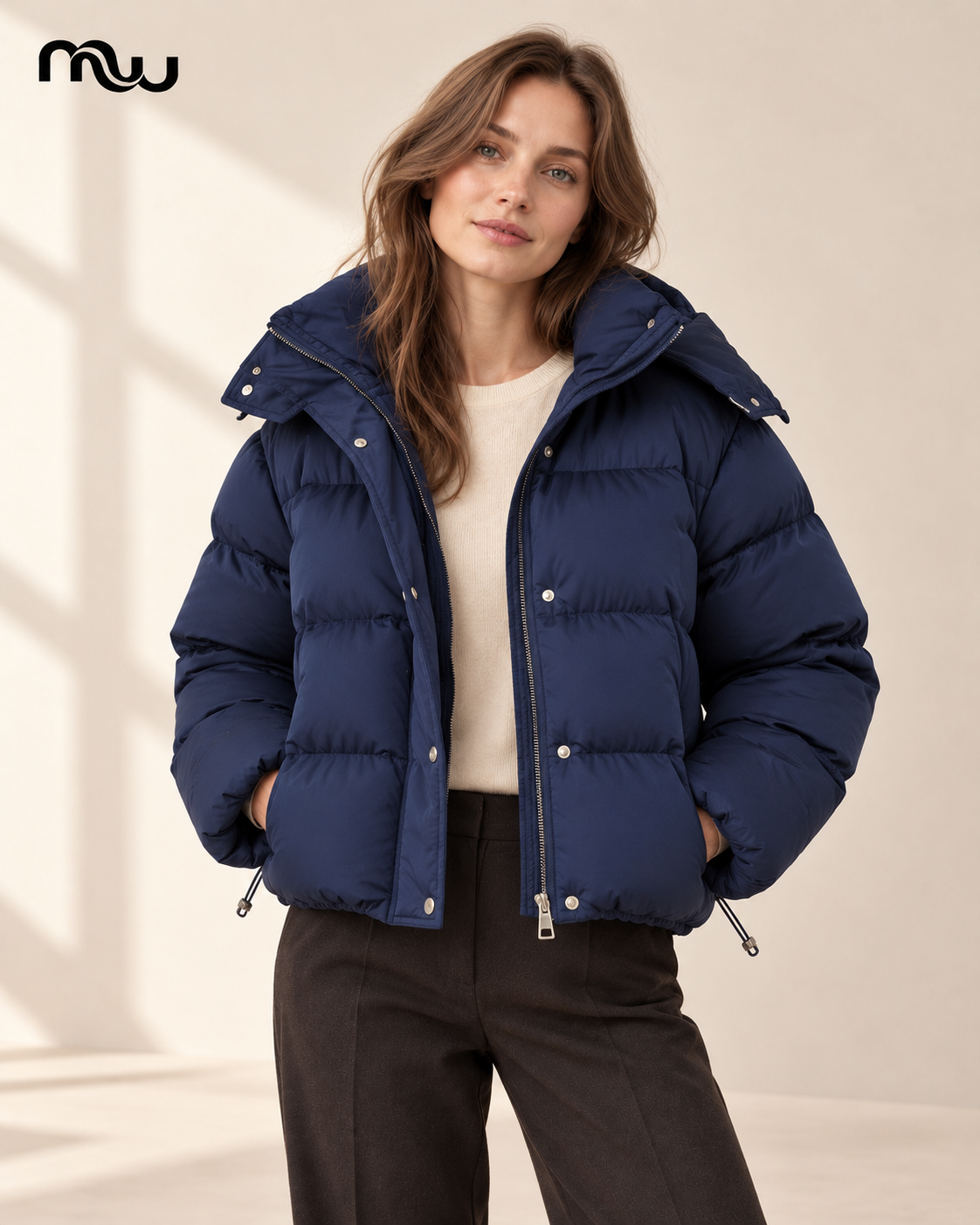 Model wearing the Maverick Detachable-Hood Puffer with Moussewear logo
