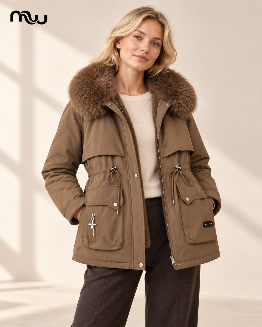 Model wearing the Avalanche Plush-Trim Parka with Moussewear logo