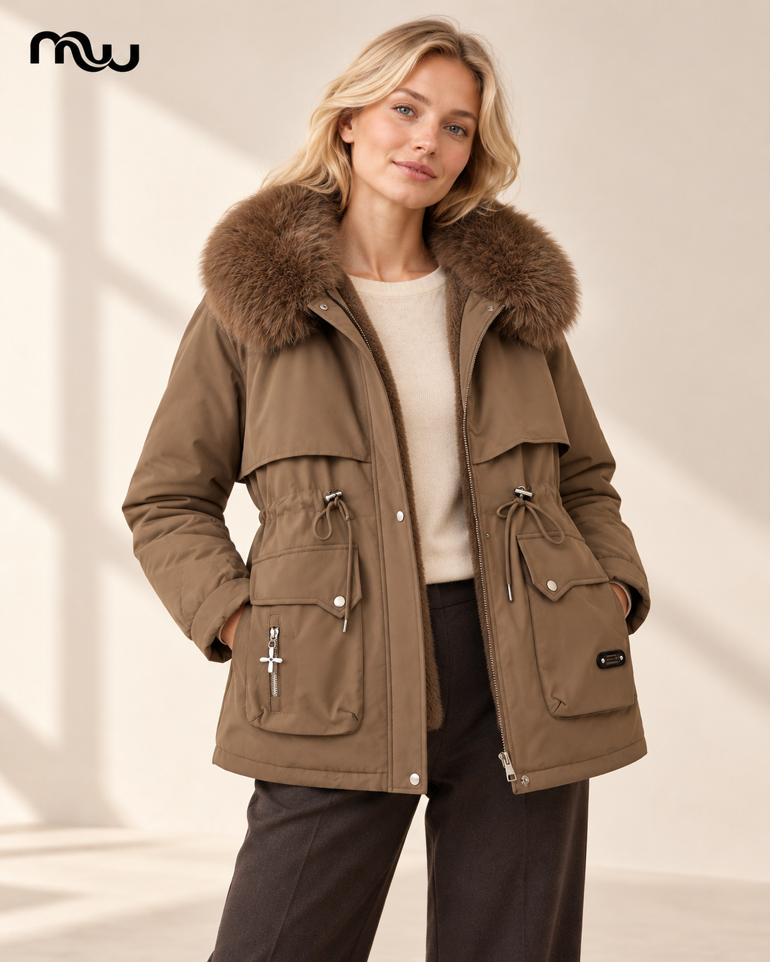 Model wearing the Avalanche Plush-Trim Parka with Moussewear logo