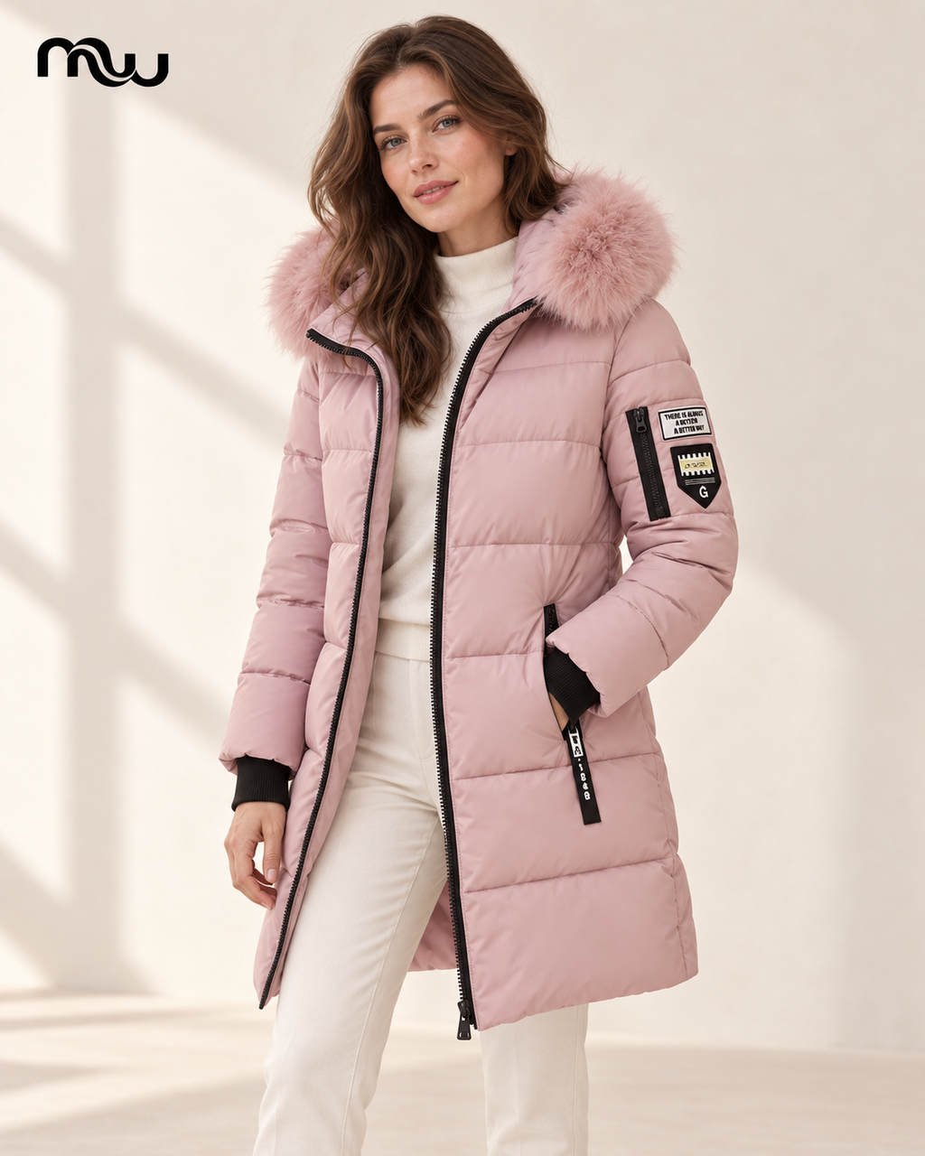 Model wearing the Tsarina Plush-Trim Long Coat with Moussewear logo