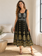 Golden Hour Ornate Print Sleeveless Dress worn by a female model