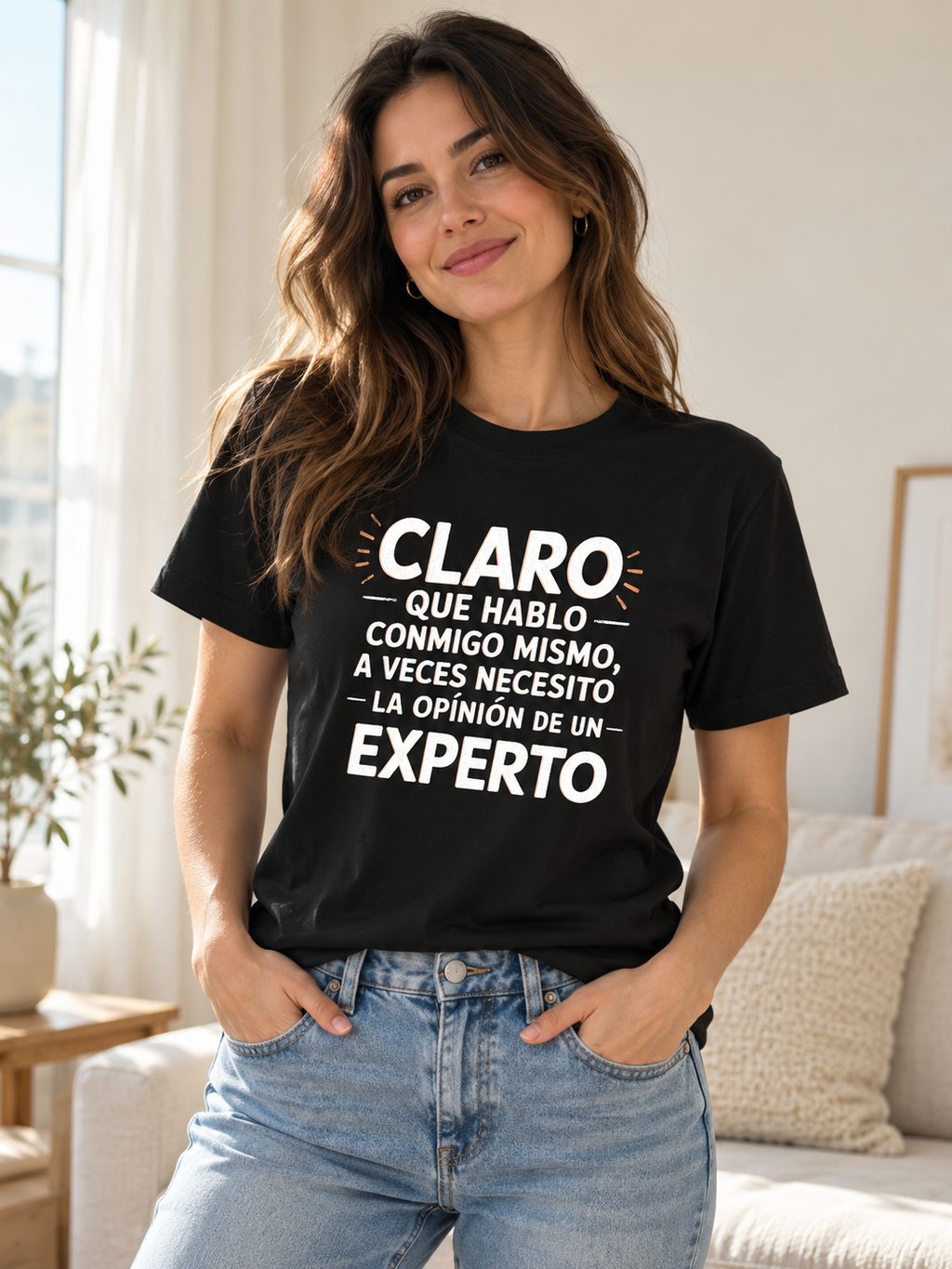 Expert Opinion Spanish Slogan Tee worn by a female model