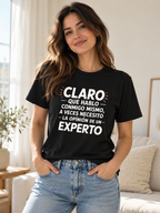 Expert Opinion Spanish Slogan Tee worn by a female model