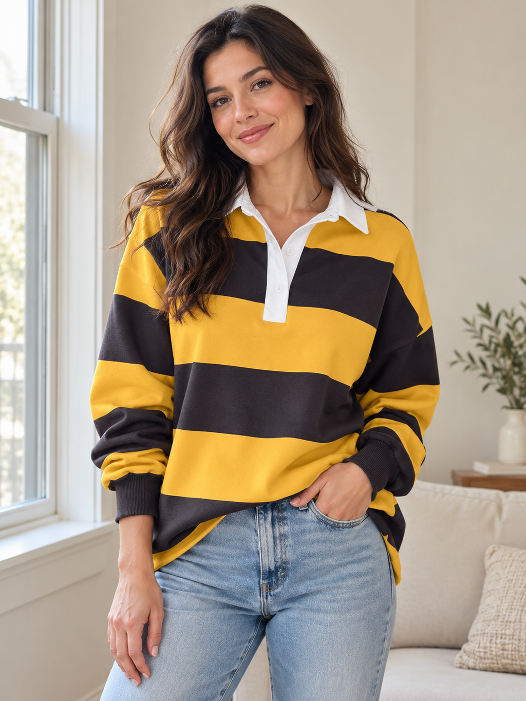 Weekend League Striped Rugby Top worn by a female model