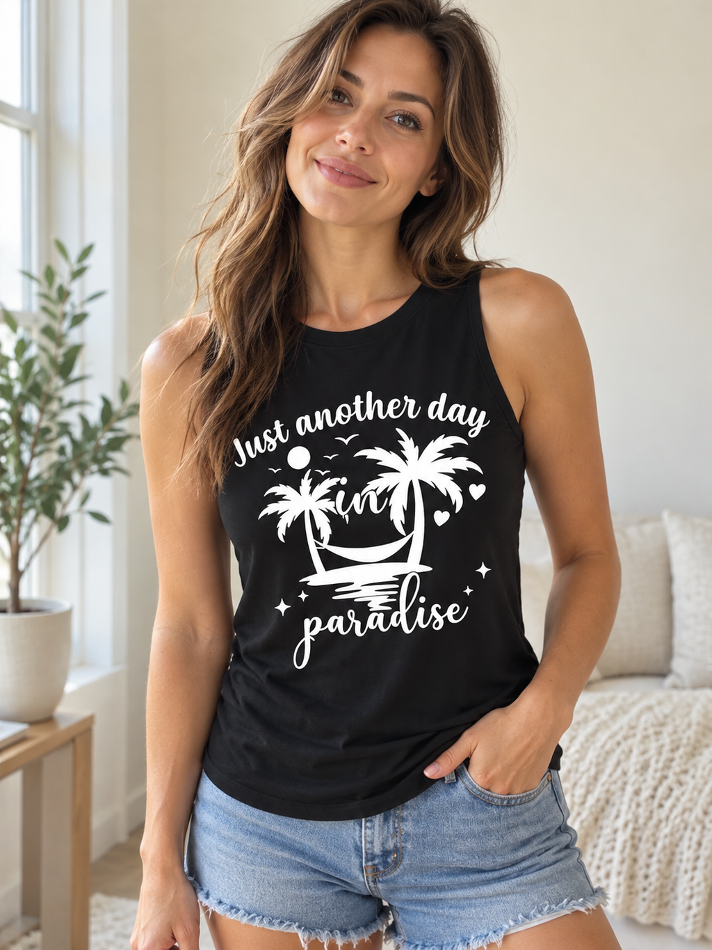 Island Time Paradise Tank Top worn by a female model