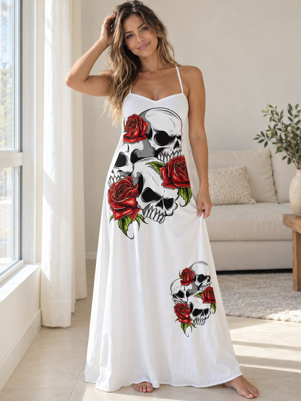 Dark Romance Skull & Rose Slip Dress worn by a female model