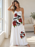 Dark Romance Skull & Rose Slip Dress worn by a female model