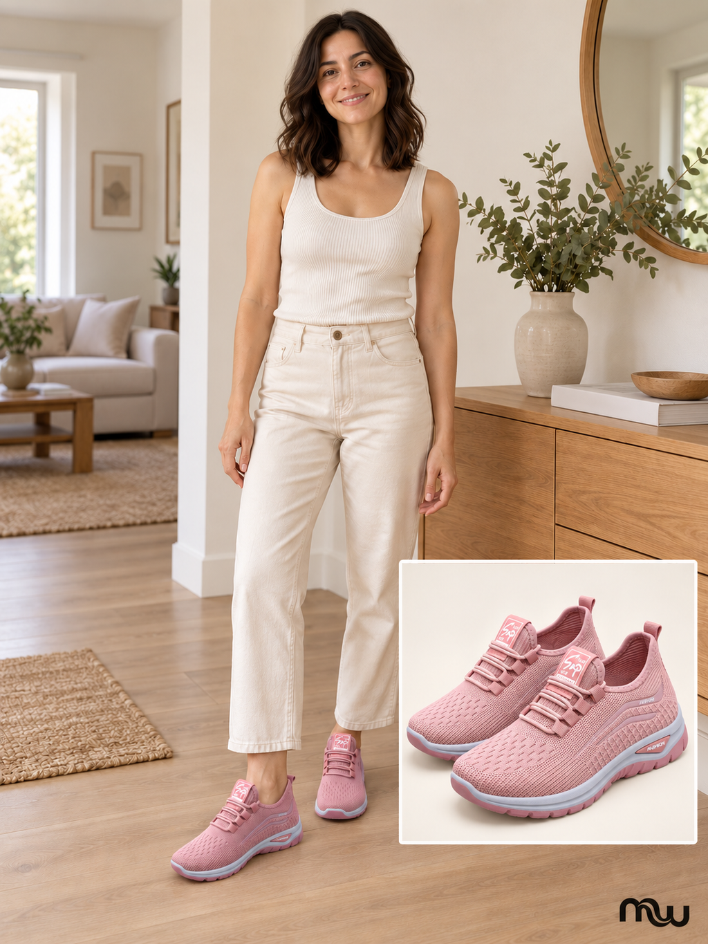 Adult female model wearing Rose Pace Lace-Up Trainers, with Moussewear logo and shoe close-up