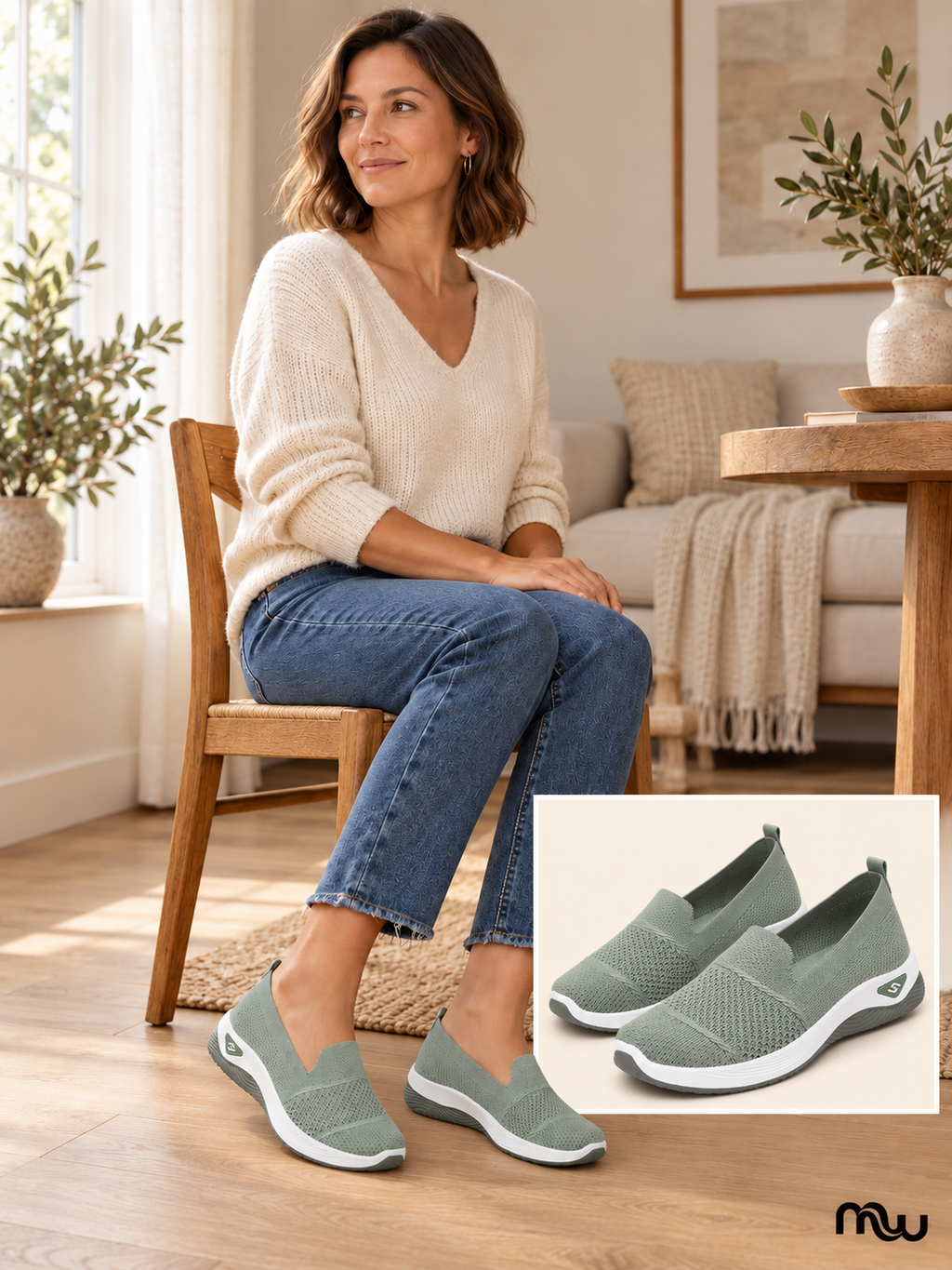 Adult female model wearing Easy Stride Knit Loafers, with Moussewear logo and shoe close-up