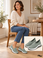 Adult female model wearing Easy Stride Knit Loafers, with Moussewear logo and shoe close-up