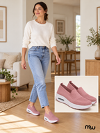 Adult female model wearing Cloud Walk Air-Cushion Slip-Ons, with Moussewear logo and shoe close-up