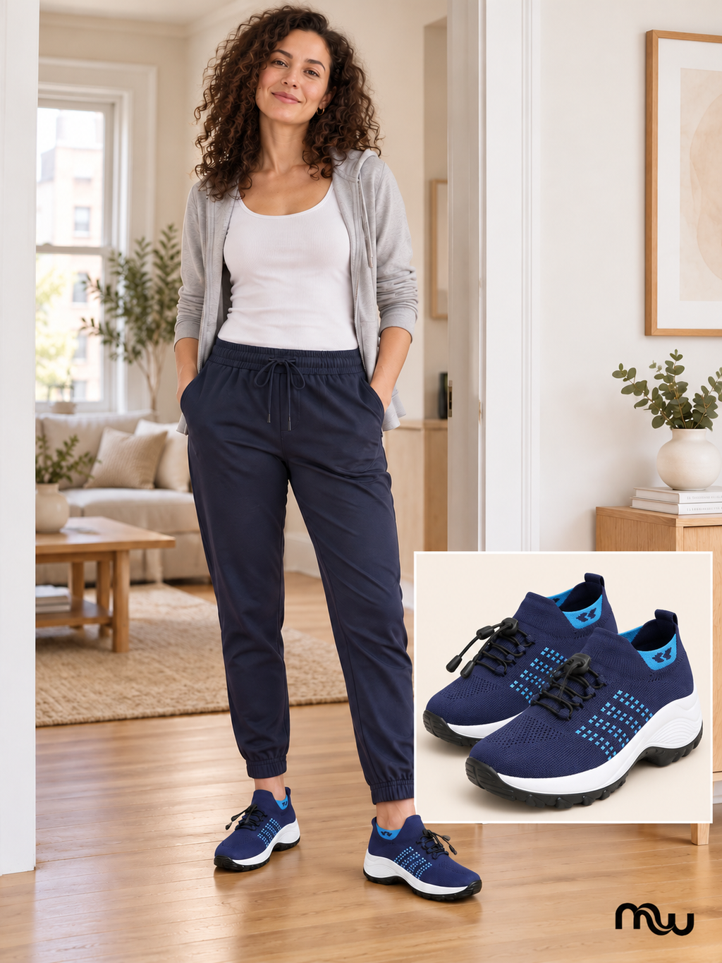 Adult female model wearing Go With the Flow Knit Trainers, with Moussewear logo and shoe close-up