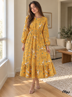 Adult female model wearing Golden Meadow Floral Midi Dress, with Moussewear logo