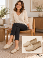 Adult female model wearing Petal Touch Stitched Loafers, with Moussewear logo and shoe close-up