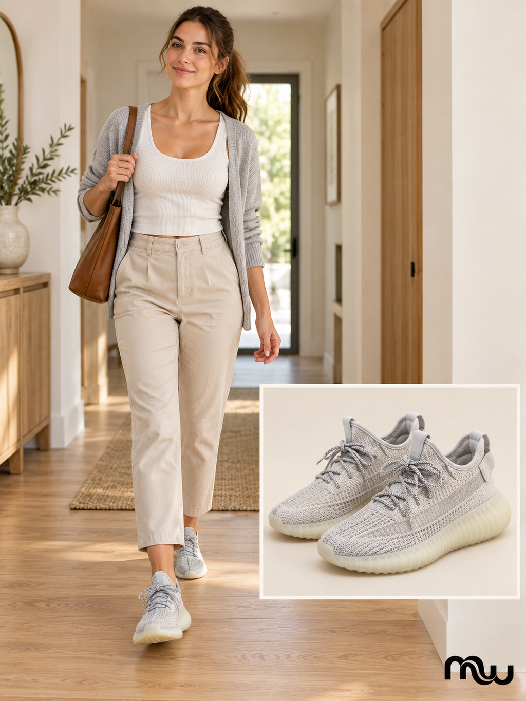 Adult female model wearing Off-Duty Knit Trainers, with Moussewear logo and shoe close-up